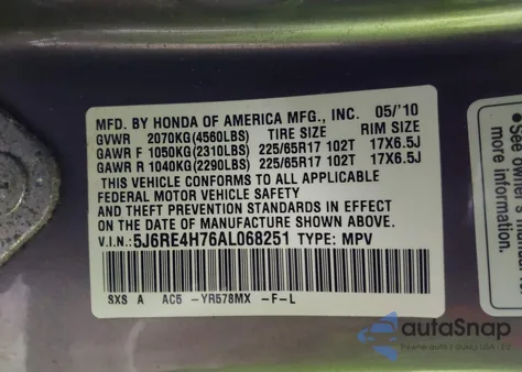 2010 Honda Cr-V Ex-L from USA, damaged, VIN 5J6RE4H76AL068251